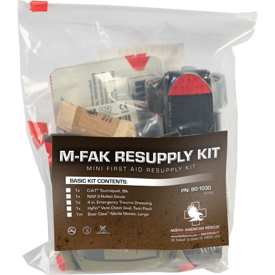 North American Rescue M-FAK Resupply Kit packed in a clear pouch, featuring essential first aid supplies for emergencies.